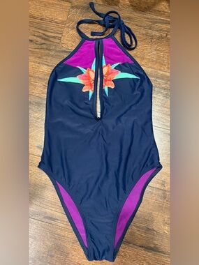 NWT WET Swim Navy One-Piece Halter Swimsuit with Floral Detail